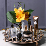 SOGA 33cm Bronze-Colored Round Mirror Glass Metal Tray Vanity Makeup Perfume Jewelry Organiser with Handles