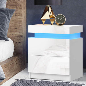 Ambient LED Bedside Table in White Gloss with Top Storage & 2 Drawers (RGB LED)